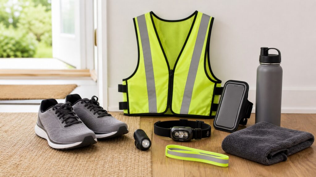 running safety gear for beginner runners arranged in a practical buyer guide scene