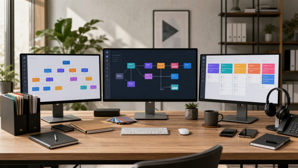 unbranded sales operations desk with blank pipeline board, task queue, headset, phone, calendar, and CRM monitor for a agency workflows buying decision