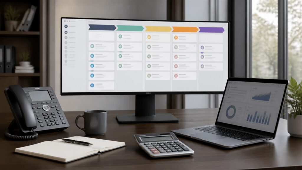 unbranded sales operations desk with blank pipeline board, task queue, headset, phone, calendar, and CRM monitor for a sales pipelines buying decision