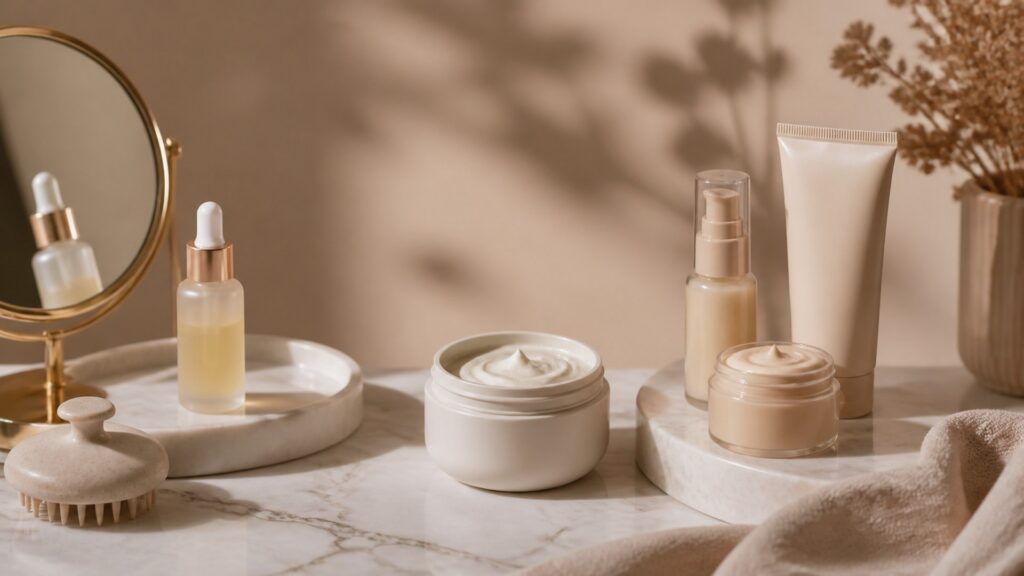 Unbranded editorial arrangement illustrating Scalp Care Buying Guide for Dry Hair