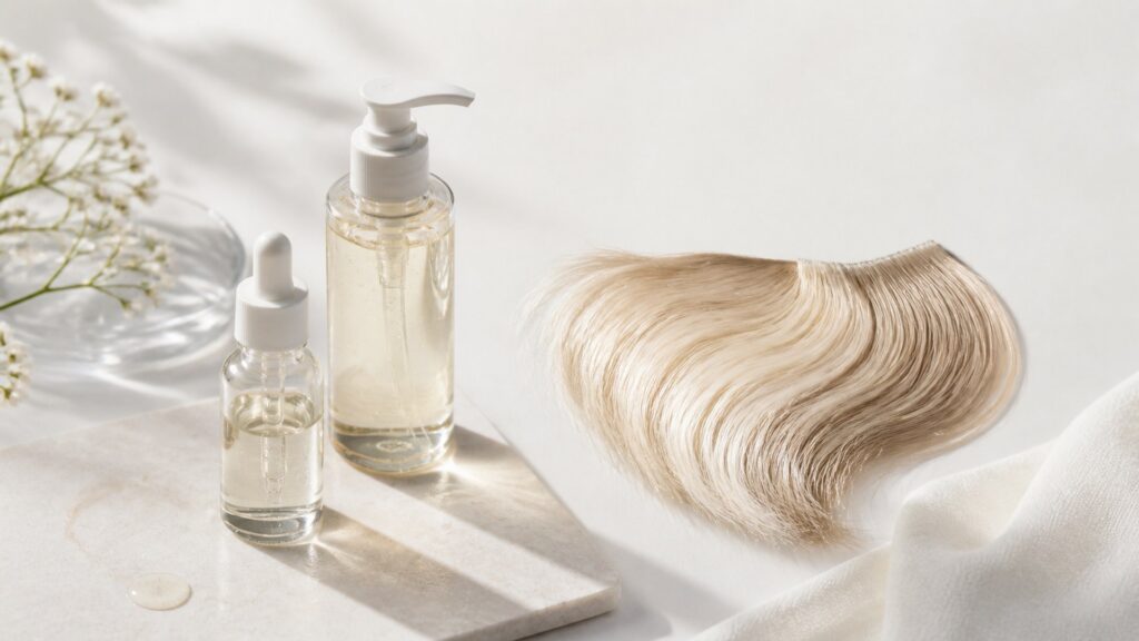 Unbranded editorial arrangement illustrating Scalp Care Buying Guide for Fine Hair
