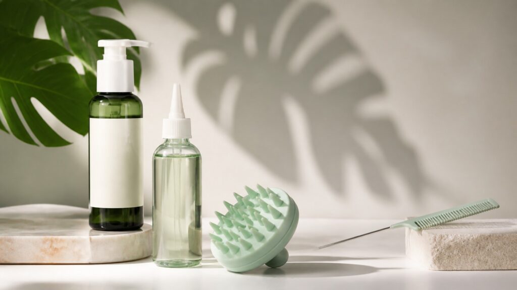 Unbranded editorial arrangement illustrating Scalp Care Buying Guide for Scalp Care