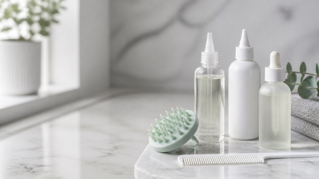 Unbranded editorial arrangement illustrating Scalp Care Buying Guide: How to Choose the Right One