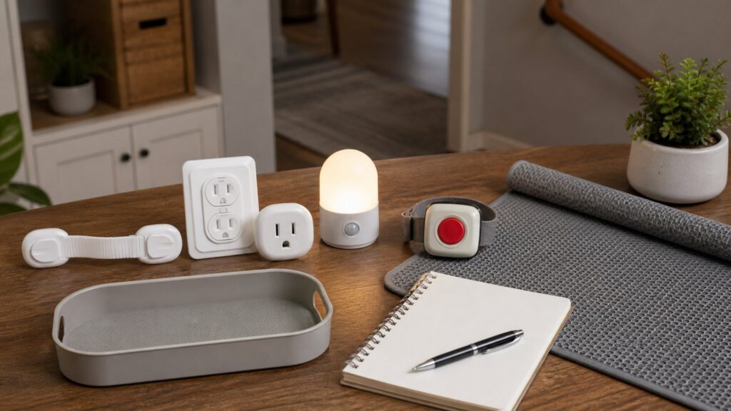 generic senior safety devices with alert button, night light, grab handle, nonslip mat, sensor, and notebook