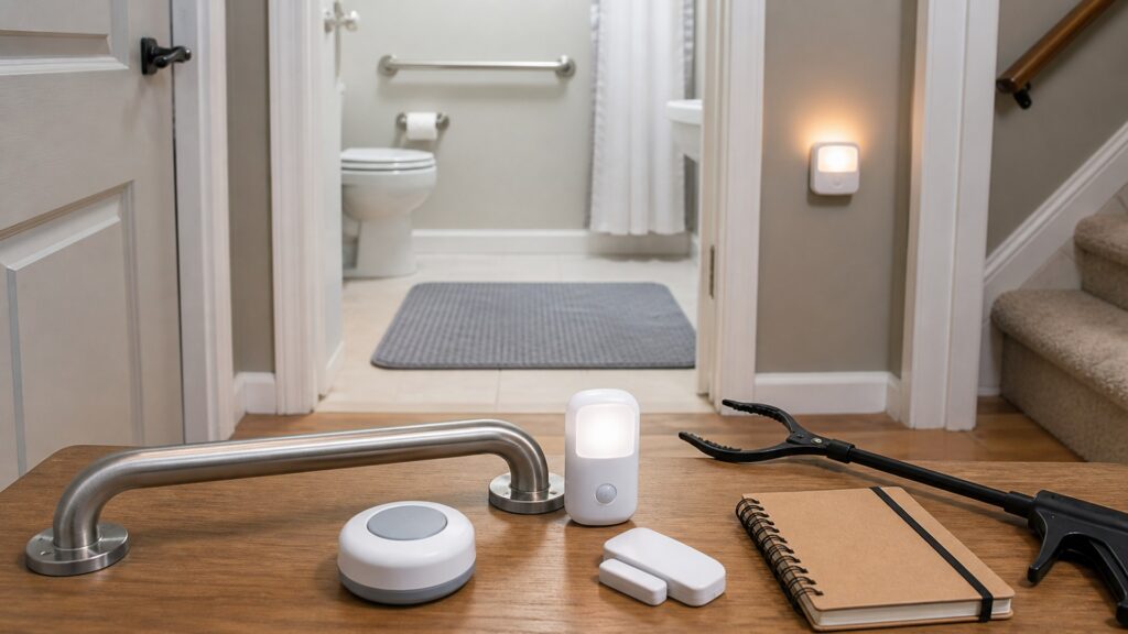 generic senior safety devices with alert button, night light, grab handle, nonslip mat, sensor, and notebook