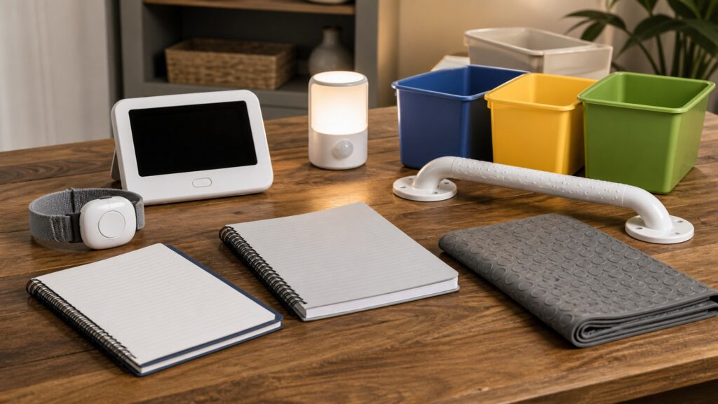 generic senior safety devices with alert button, night light, grab handle, nonslip mat, sensor, and notebook