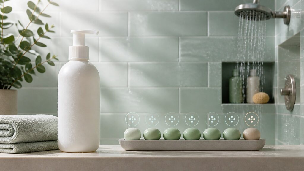 Unbranded editorial arrangement illustrating Shampoo Buying Guide for Daily Wash Routines