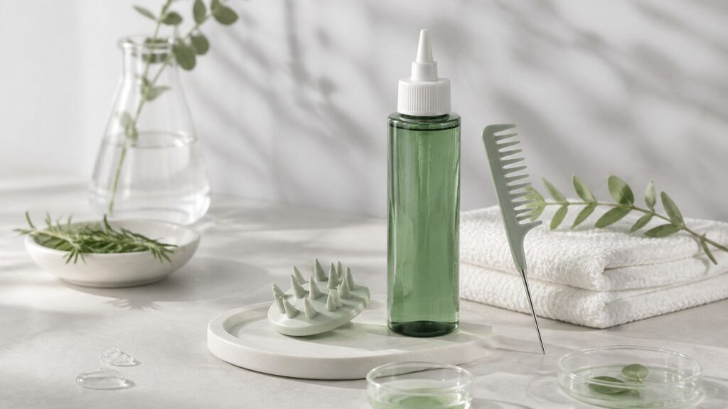 Unbranded editorial arrangement illustrating Shampoo Buying Guide for Scalp Care