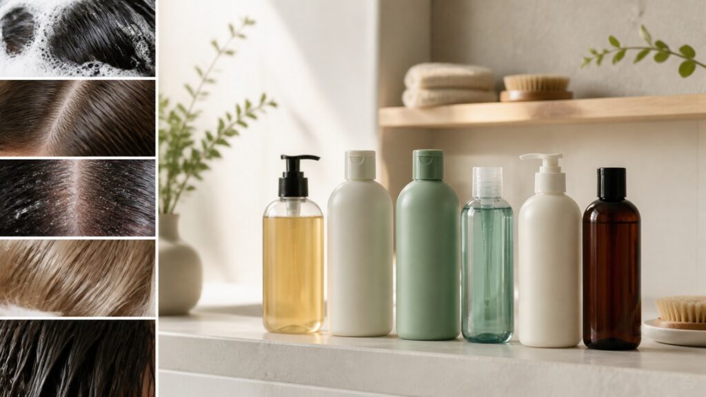 Unbranded editorial arrangement illustrating Shampoo Buying Guide: How to Choose the Right One