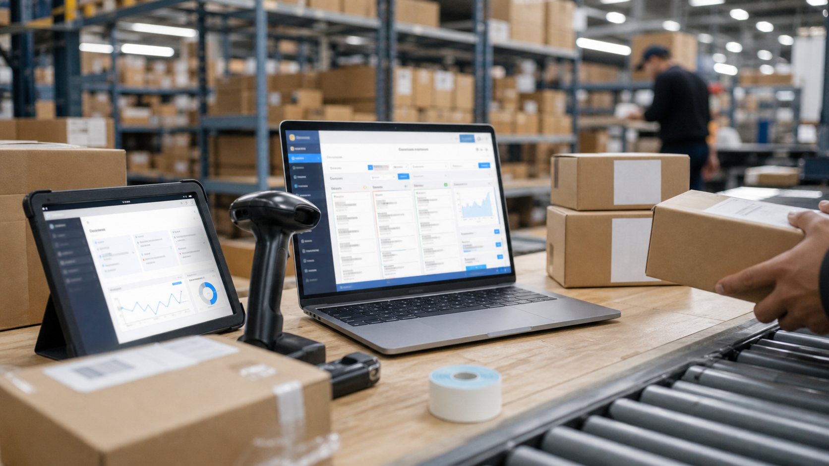 Ultra photorealistic warehouse shipping automation hero image for ShipHero review