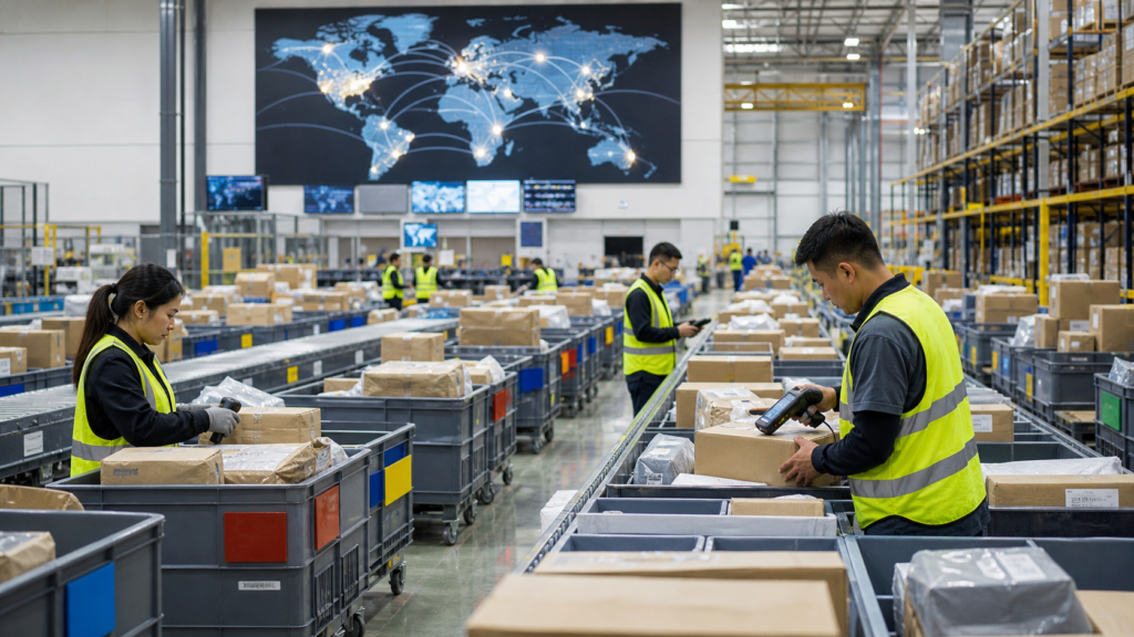 Ultra photorealistic hero image for ShipNetwork Review for Global Fulfillment Services