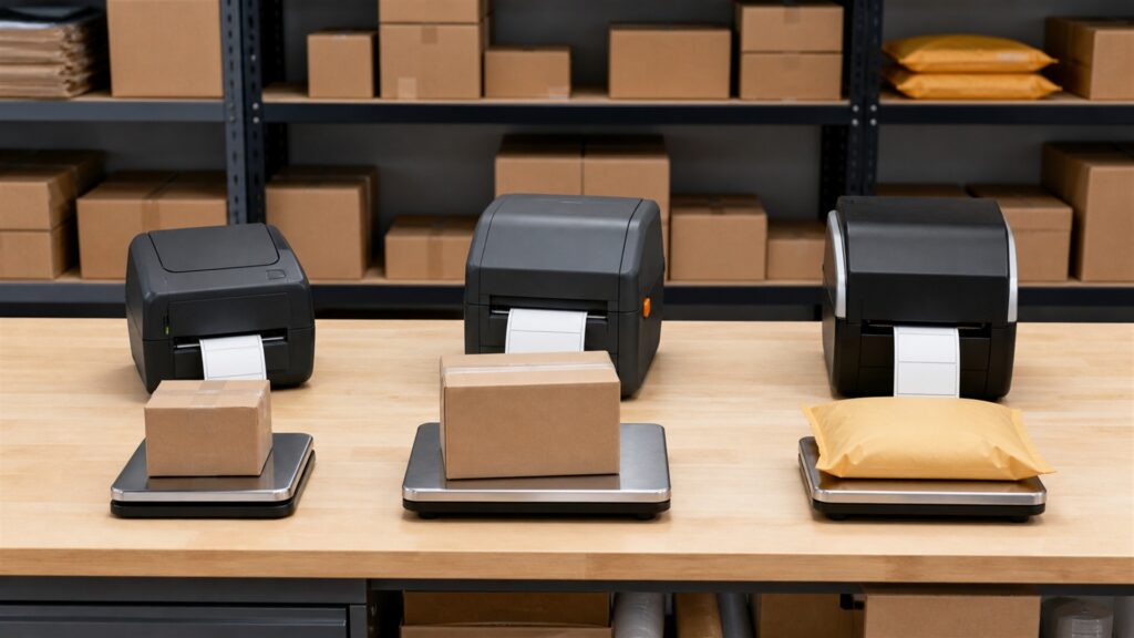 unbranded shipping station with one professional label printer, parcel scale, barcode scanner, sealed boxes, label rolls, and organized packing bench for a carrier comparison buying decision
