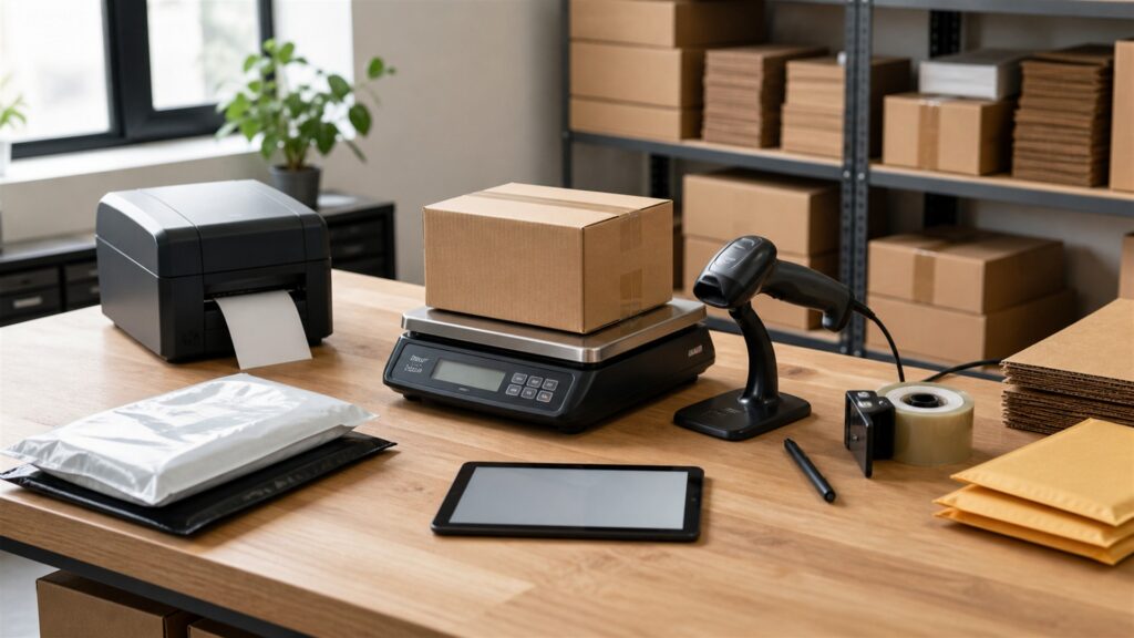 unbranded shipping station with one professional label printer, parcel scale, barcode scanner, sealed boxes, label rolls, and organized packing bench for a ecommerce orders buying decision