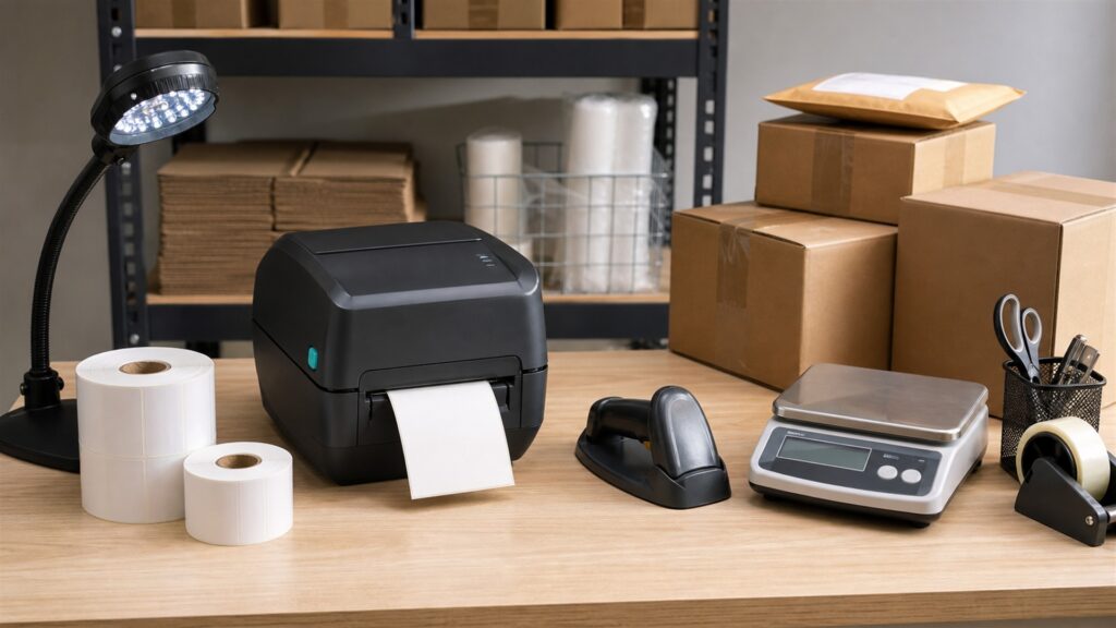 unbranded shipping station with one professional label printer, parcel scale, barcode scanner, sealed boxes, label rolls, and organized packing bench for a label printing buying decision