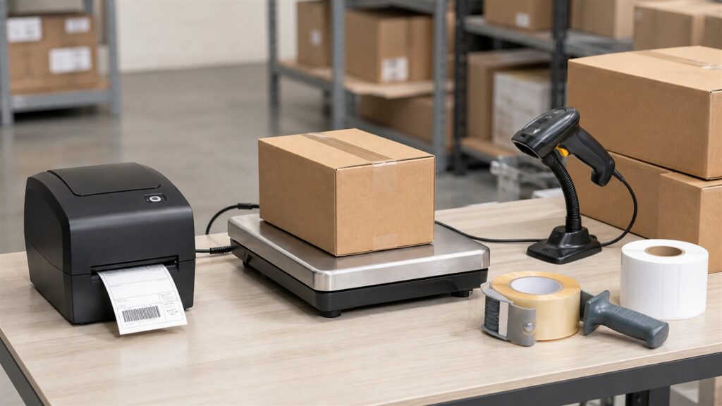 unbranded shipping station with one professional label printer, parcel scale, barcode scanner, sealed boxes, label rolls, and organized packing bench for a general selection buying decision