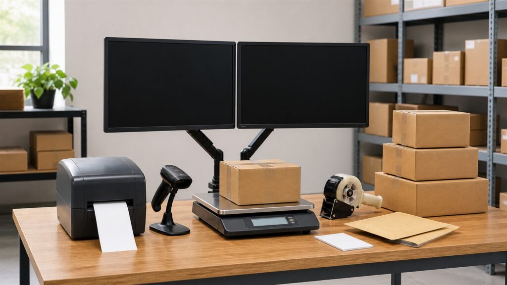unbranded multi-carrier shipping desk with blank order screen, label printer, parcel scale, scanner, sealed boxes, and organized label rolls for a ecommerce orders buying decision