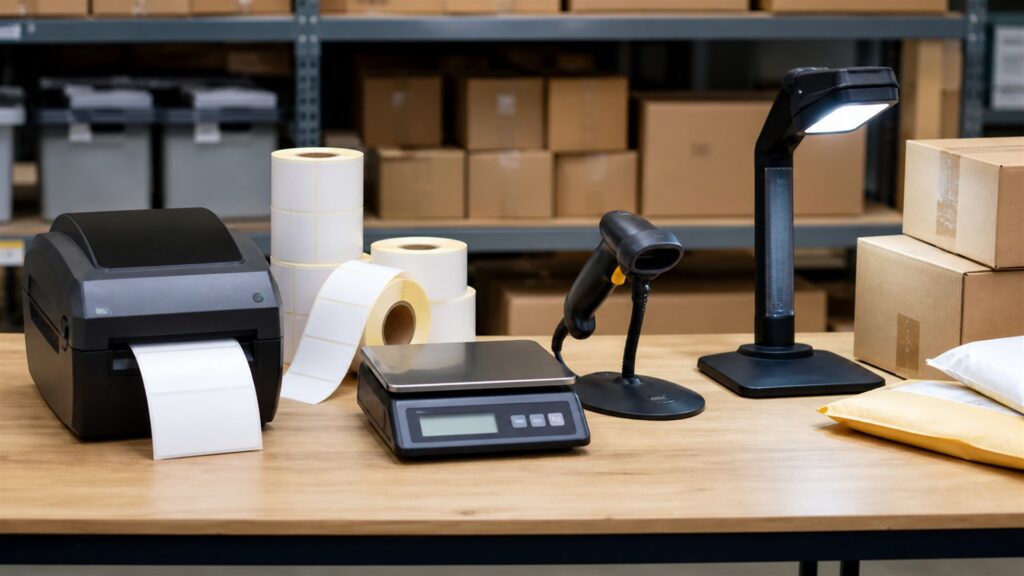 unbranded multi-carrier shipping desk with blank order screen, label printer, parcel scale, scanner, sealed boxes, and organized label rolls for a label printing buying decision
