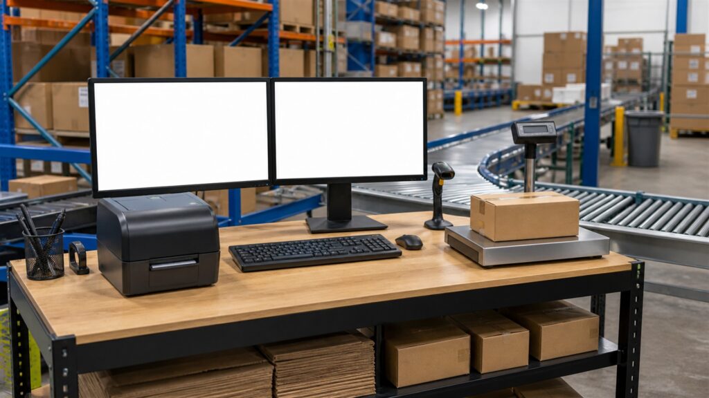 unbranded multi-carrier shipping desk with blank order screen, label printer, parcel scale, scanner, sealed boxes, and organized label rolls for a subscription boxes buying decision