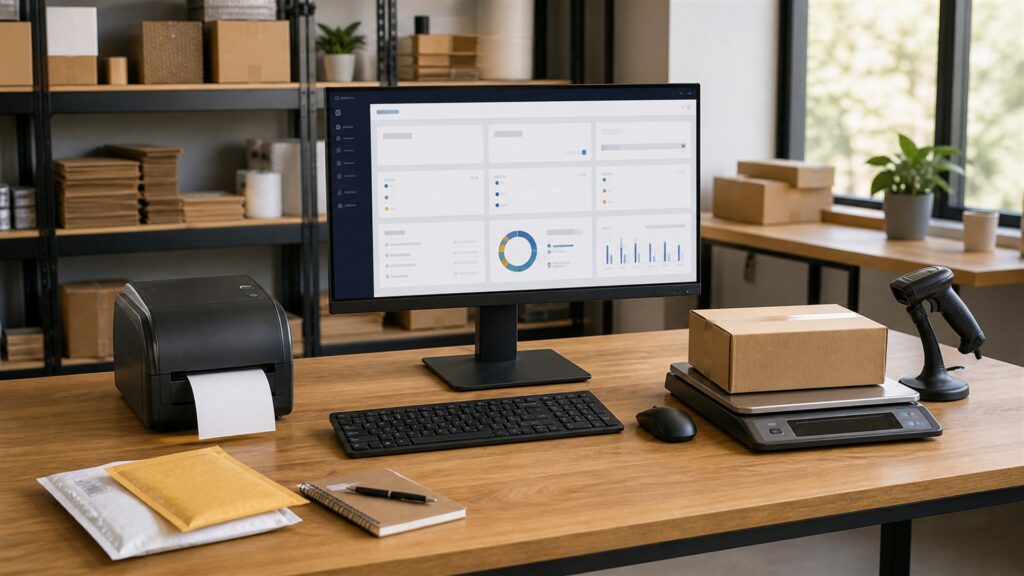 unbranded multi-carrier shipping desk with blank order screen, label printer, parcel scale, scanner, sealed boxes, and organized label rolls for a general selection buying decision