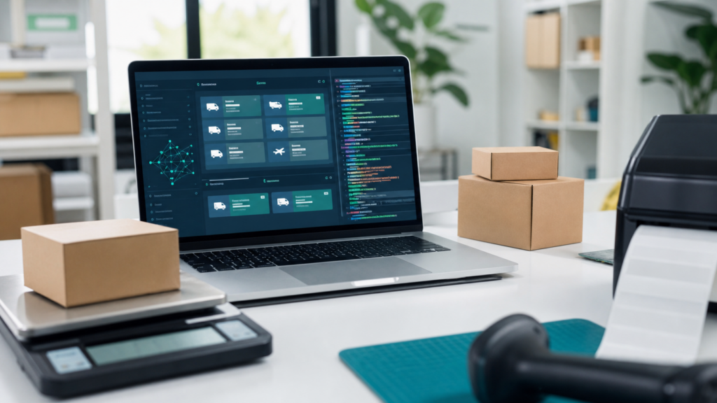 Ultra photorealistic ecommerce shipping operations hero image for Shippo Review for Multi-Carrier Shipping Software