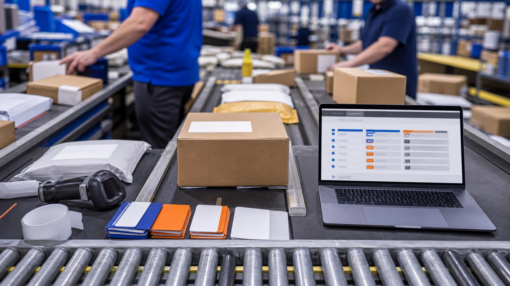 Ultra photorealistic ecommerce shipping operations hero image for ShipRush Review for Multi-Carrier Shipping Software