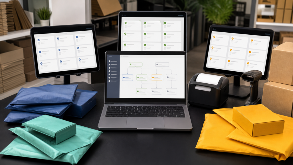 Ultra photorealistic ecommerce shipping operations hero image for ShipStation Review for Multi-Carrier Shipping Software