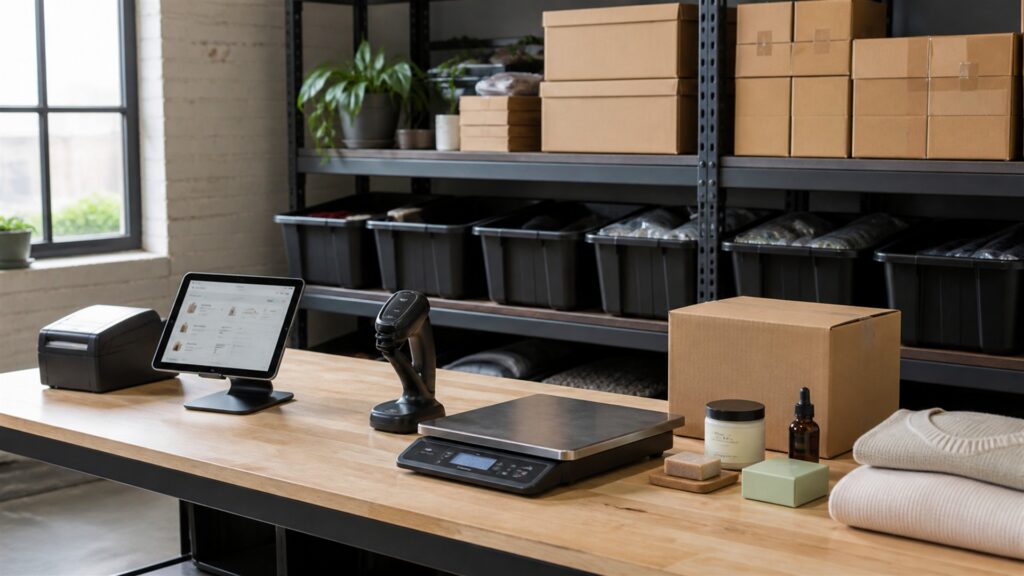 unbranded checkout operations desk with blank cart flow screen, payment terminal, product samples, shipping box, and receipt printer for a inventory syncing buying decision