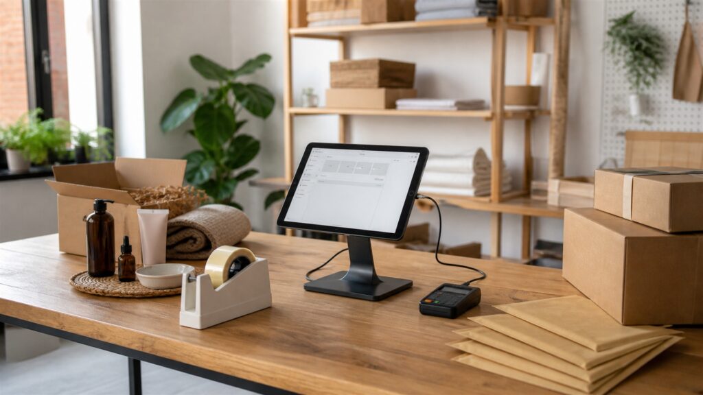 unbranded checkout operations desk with blank cart flow screen, payment terminal, product samples, shipping box, and receipt printer for a new brands buying decision