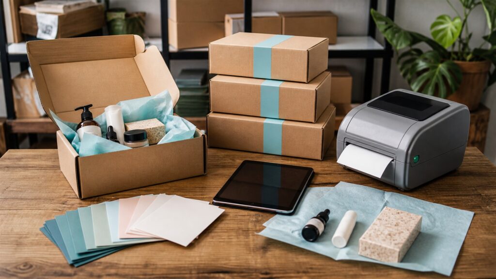 unbranded checkout operations desk with blank cart flow screen, payment terminal, product samples, shipping box, and receipt printer for a subscription products buying decision