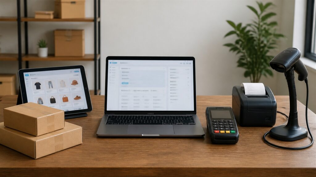 unbranded checkout operations desk with blank cart flow screen, payment terminal, product samples, shipping box, and receipt printer for a general selection buying decision