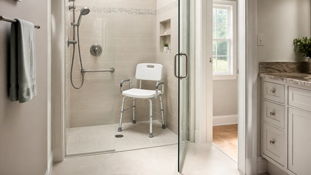 Unbranded shower chairs arranged to compare drainage pattern and backrest and arm configuration