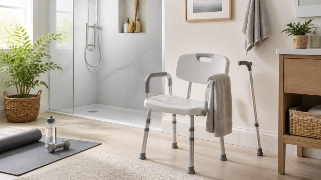 Unbranded shower chairs arranged to compare seat width and depth and adjustable seat height