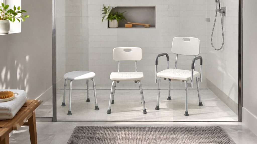 Unbranded shower chairs arranged to compare adjustable seat height and leg footprint