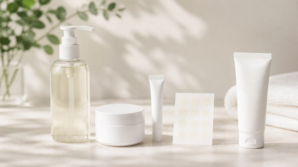 Unbranded editorial arrangement for skincare for acne-prone skin