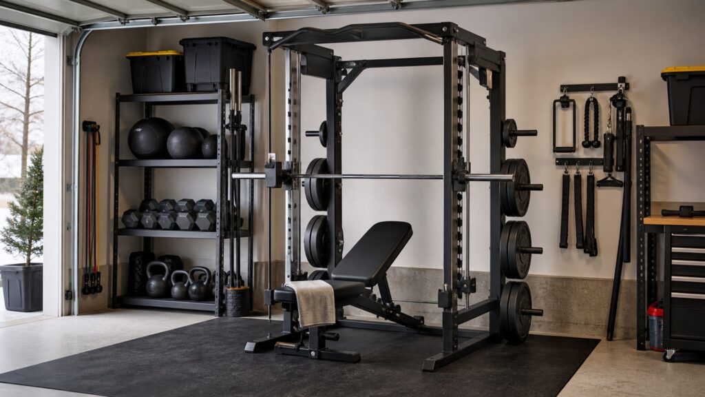 smith machines for garage gyms arranged in a practical buyer guide scene