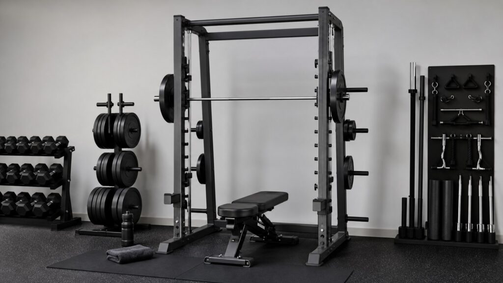 smith machines for progressive overload arranged in a practical buyer guide scene