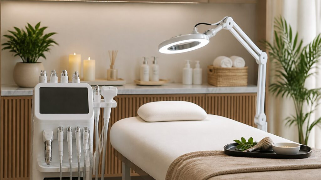 Unbranded editorial arrangement illustrating Spa Equipment Buying Guide for Salon Workstations