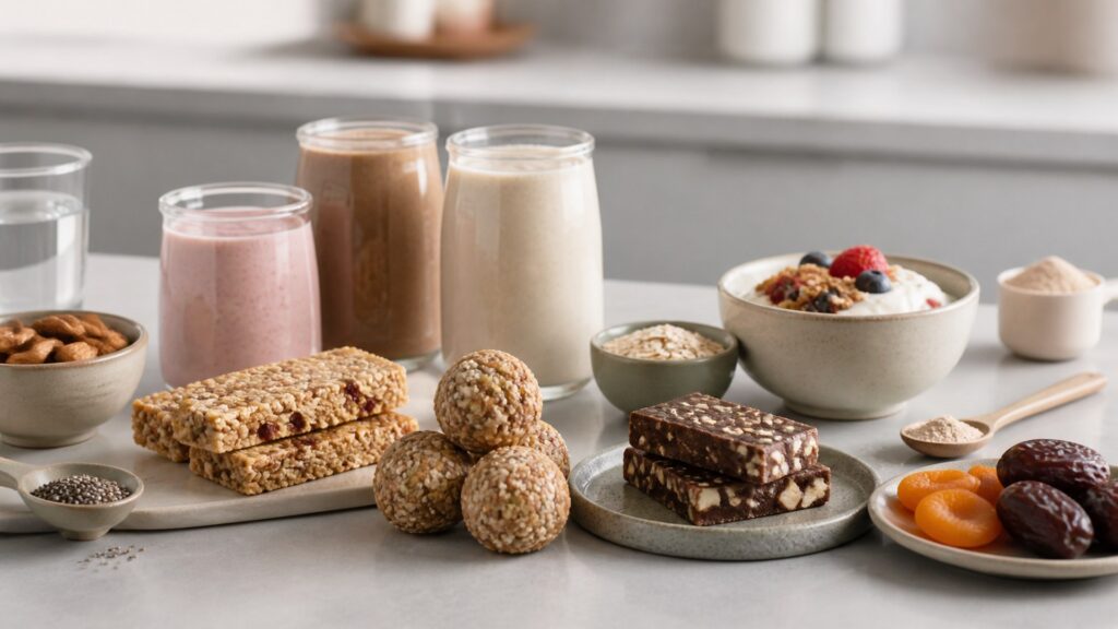 Unbranded sports nutrition foods products arranged for a careful buying comparison