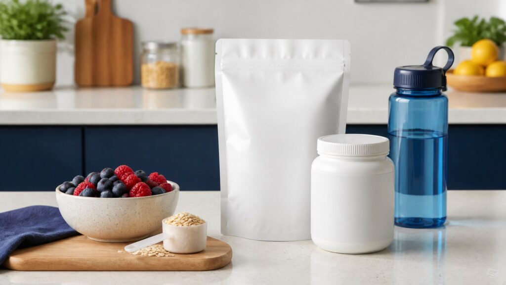 Unbranded sports nutrition supplements products arranged for a careful buying comparison