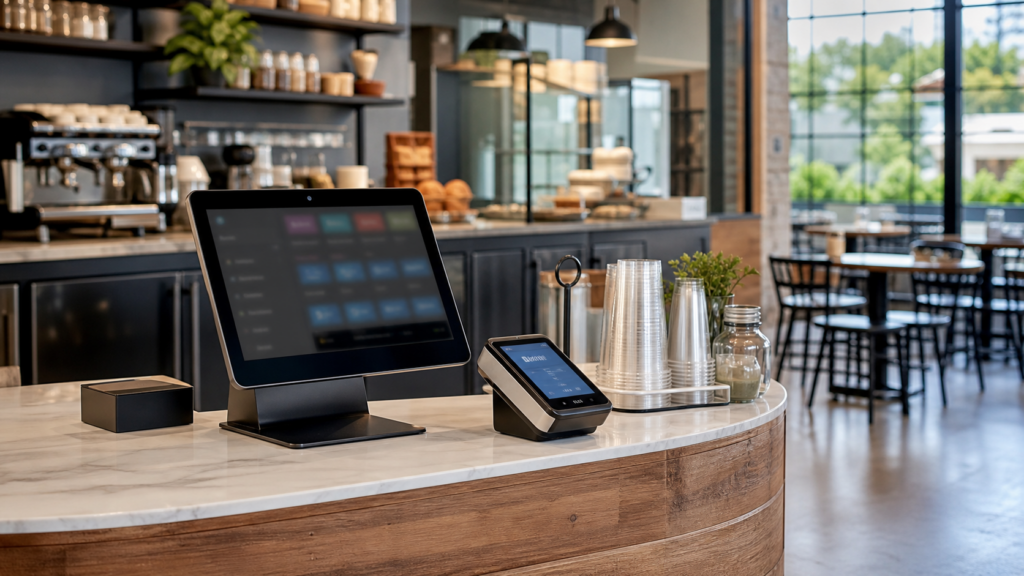 Ultra photorealistic POS hero image for SpotOn Restaurant Review for Cafe POS Systems