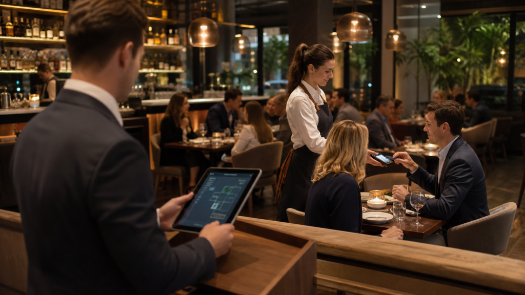 Ultra photorealistic restaurant POS hero image for SpotOn Restaurant Review for Full Service Restaurant POS