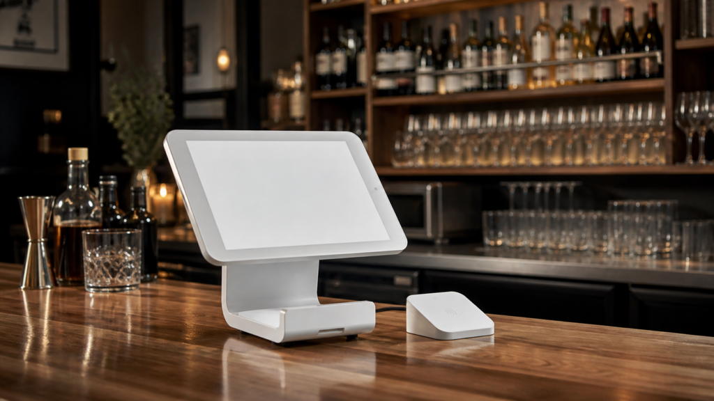 Ultra photorealistic POS hero image for Square for Restaurants Review: Performance, Pros, and Cons