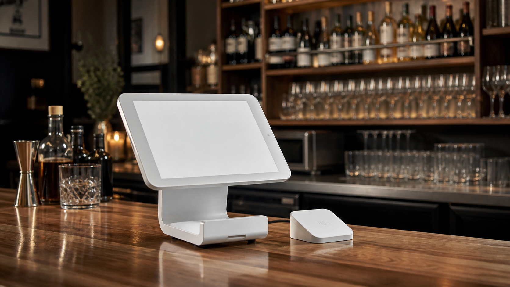 Ultra photorealistic POS hero image for Square for Restaurants Review: Performance, Pros, and Cons