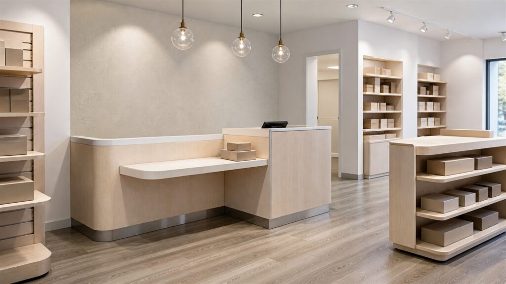 unbranded modular store fixtures, counters, shelving, and plain product boxes in a commercial interior for a customer-facing spaces buying decision