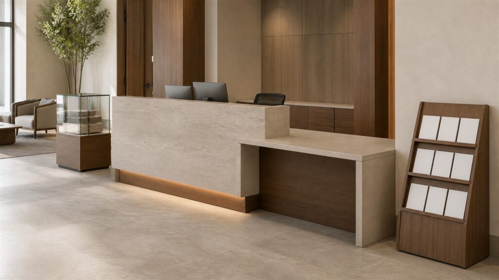 unbranded modular store fixtures, counters, shelving, and plain product boxes in a commercial interior for a front offices buying decision