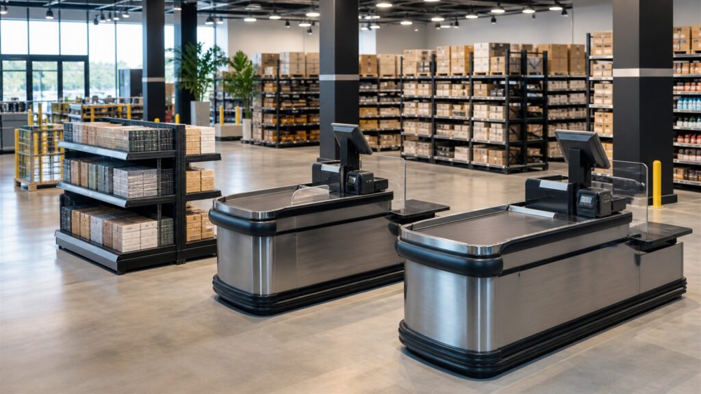 unbranded modular store fixtures, counters, shelving, and plain product boxes in a commercial interior for a high-volume use buying decision