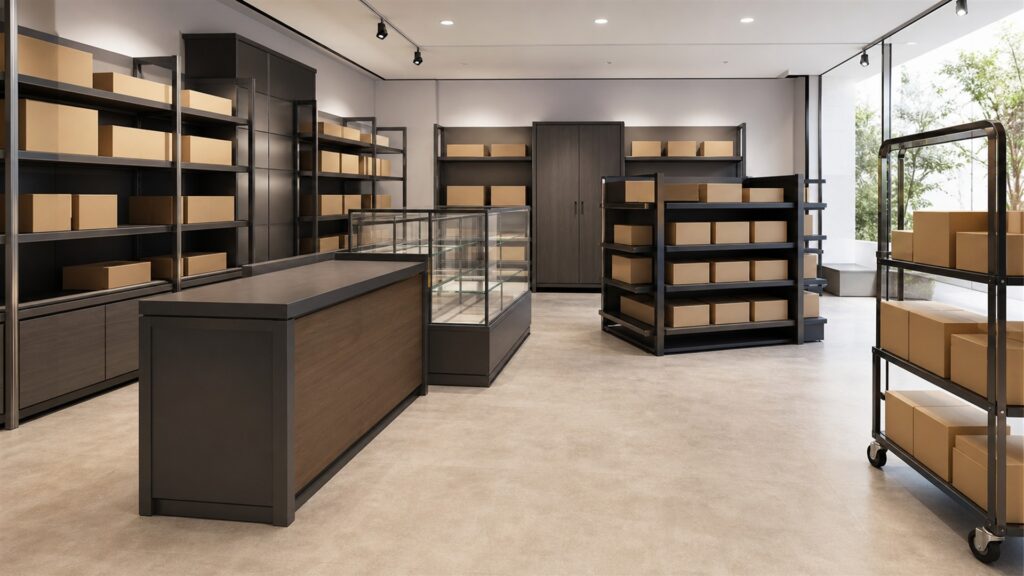 unbranded modular store fixtures, counters, shelving, and plain product boxes in a commercial interior for a general selection buying decision