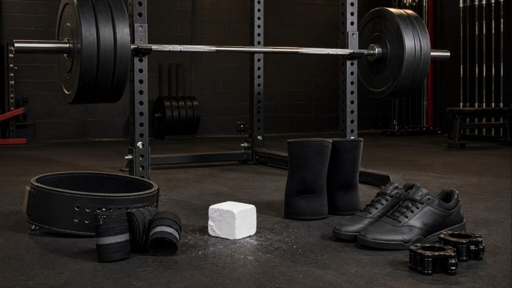 strength training equipment for powerlifting arranged in a practical buyer guide scene