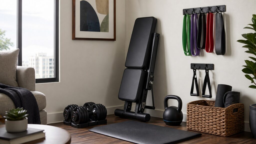 strength training equipment for small spaces arranged in a practical buyer guide scene