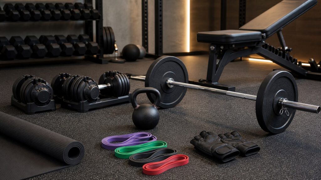 strength training equipment for overall use arranged in a practical buyer guide scene